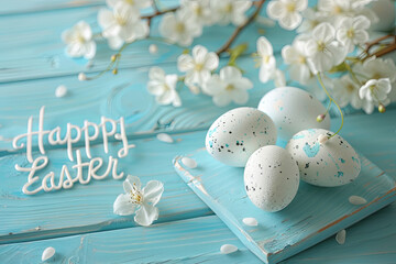 Art Happy Easter; Easter eggs on blue table background, with writing “Happy Easter”