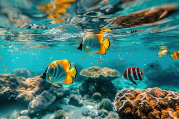 Fototapeta na wymiar Vibrant Tropical Fish Swimming Amongst Colorful Coral Reefs.