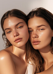 Fototapeta premium Two Women in Minimalist Beauty Style Magazine Pose 
