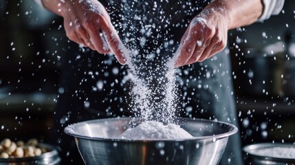 Close-up of male hands sprinkling flour in the kitchen. A close-up image of a baker's hands pouring sugar into a mixing bowl, capturing the dynamic movement and the texture of falling sugar.