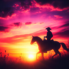 Um cowboy solitário cavalgando pelo pôr-do-sol