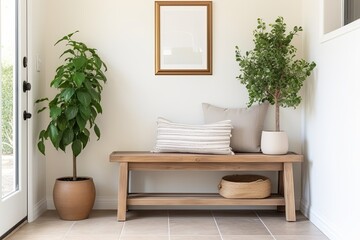 Scandinavian Wooden Bench: Modern Farmhouse Entryway Designs with Green Plants