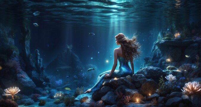 Explore the magical realm of a nighttime ocean with an ultra-realistic image of a mermaid beneath a moonlit sky, highlighting the bioluminescent glow of aquatic life-Ai Generative