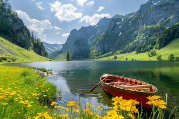 Beautiful view of See alp see mountain lake and boat in Alpstein mountain range on summer at Appenzell, Switzerland