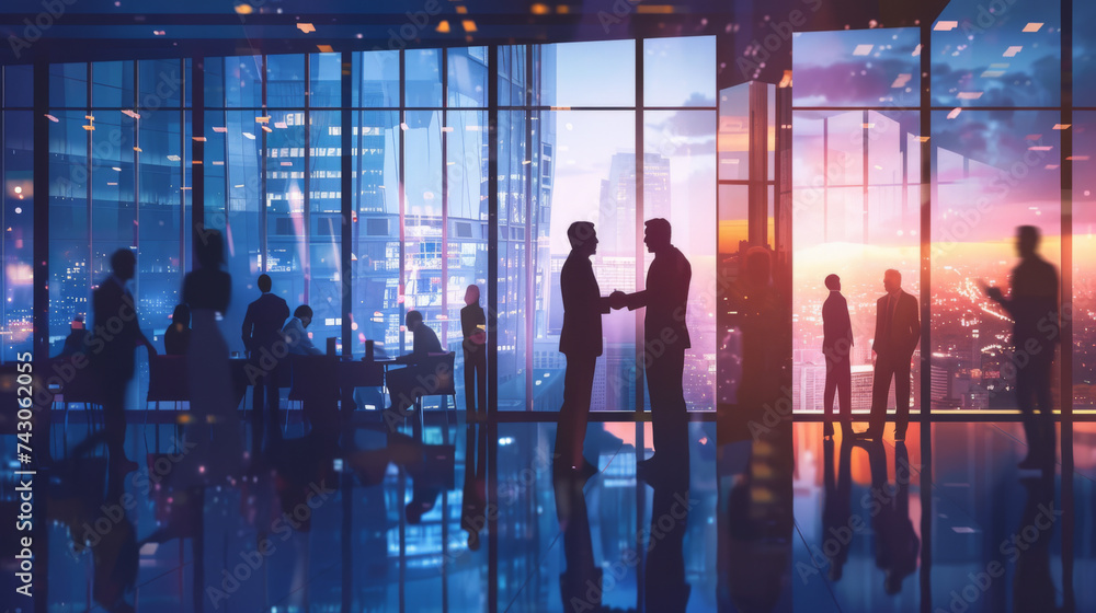 Wall mural two professionals engage in a handshake in a modern office with a panoramic view of the city at suns