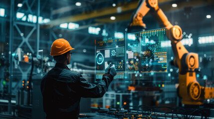 An engineer in a high-tech manufacturing setting is programming or operating advanced automated machinery using a digital interface.