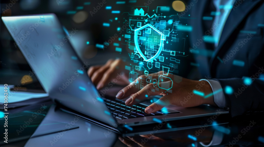 Poster a person in a suit is typing on a laptop with a glowing digital shield symbolizing cybersecurity hov