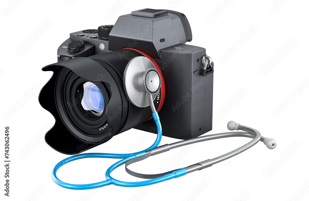 Poster digital camera with stethoscope. repair and service of digital camera, 3d rendering isolated on tran