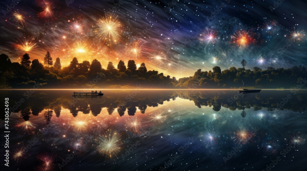 Aufkleber Generative AI Fireworks reflected on the surface of a calm lake, creating a stunning mirrored effect