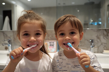 Little girl and boy brushing teeth. - 743062439