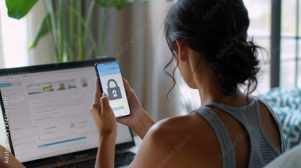 Poster a person's hand is interacting with a smartphone displaying a cybersecurity lock graphic, with a lap