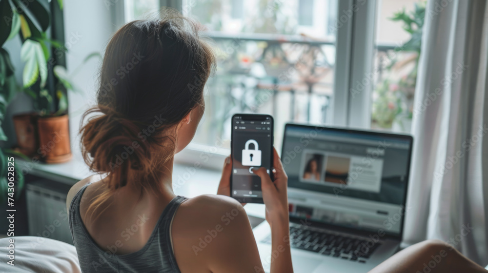 Poster a person's hand is interacting with a smartphone displaying a cybersecurity lock graphic, with a lap