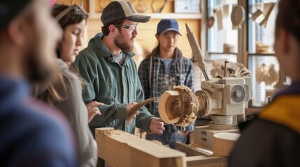 A skilled woodworker demonstrates lathe techniques to a group of engaged young apprentices in a well-equipped workshop. AIG41