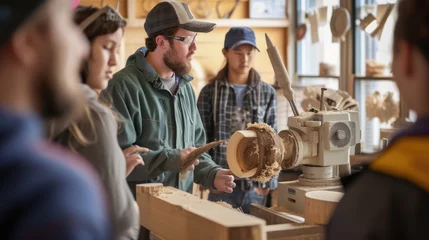 Foto op Canvas A skilled woodworker demonstrates lathe techniques to a group of engaged young apprentices in a well-equipped workshop. AIG41 © Summit Art Creations