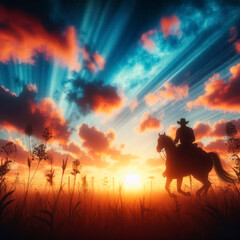 Um cowboy solitário cavalgando pelo pôr-do-sol - obrazy, fototapety, plakaty