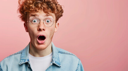 A young man with curly hair and round glasses expresses surprise with wide eyes and an open mouth against a light background.