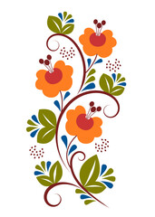 Floral decorative pattern with flowers, swirls, leaves, dots, on a white background. Floral design element