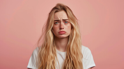 Naklejka premium A young woman with a puzzled expression, featuring blonde hair and freckles, against a pink background.