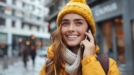 Young smiling happy woman talk by mobile cell phone. - 743064012