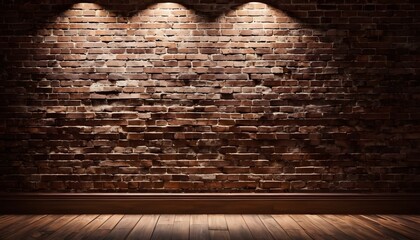 An empty room with brown brick walls and a wooden floor, showcasing the symmetry of the brickwork and the art of the buildings design - obrazy, fototapety, plakaty