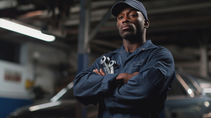 confident male mechanic in a workshop, wearing a dark blue uniform and a baseball cap, with a wrench in hand, standing in front of a car and mechanical equipment