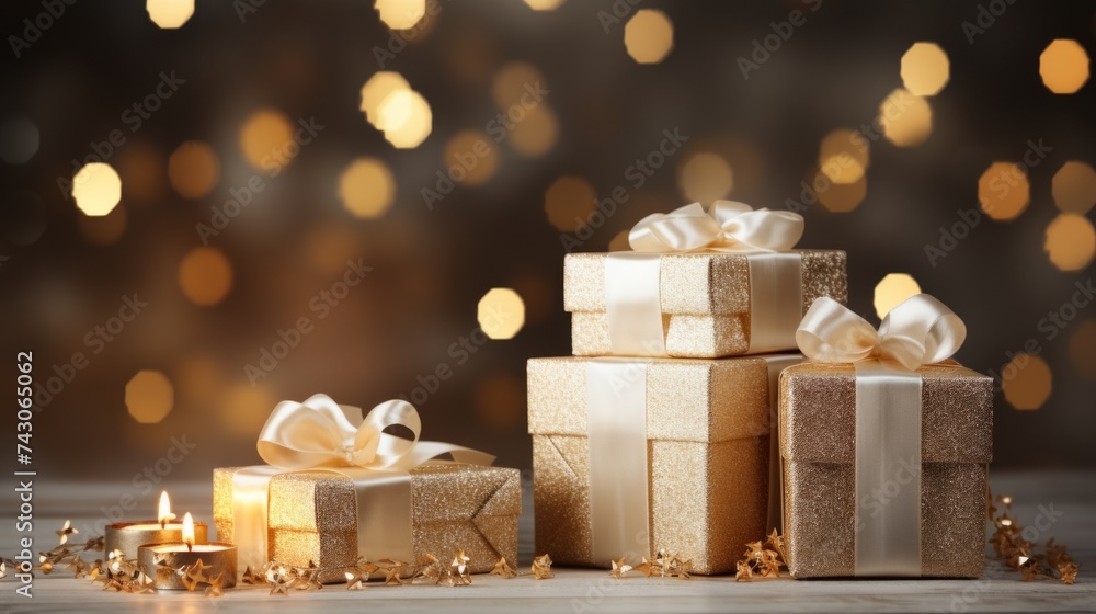 Poster Generative AI Hyper-realistic scene showcasing stylishly wrapped white and gold Christmas gifts placed on an empty table, surrounded by enchanting blurred bokeh lights. Sophisticated and festive setti
