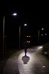 Postać kobiety tyłem idącej alejką w parku miejskim oświetlona latarniami nocą