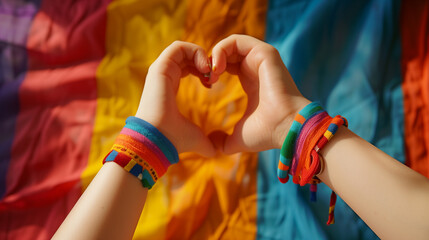 Embracing Pride: Symbolizing Love and Inclusivity with a Heart Made out of Hands in Front of the Rainbow Flag During Pride Day