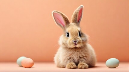 cute little bunny on peach fuzz background, happy easter,