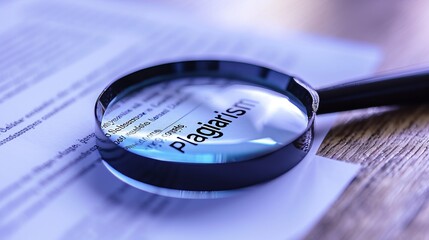 Magnifying glass over text with 'plagiarism' in focus, depicting the scrutiny and detection of unoriginal work