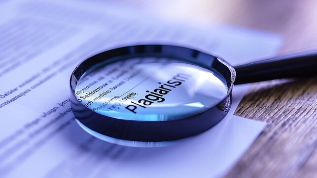 Magnifying glass over text with 'plagiarism' in focus, depicting the scrutiny and detection of unoriginal work