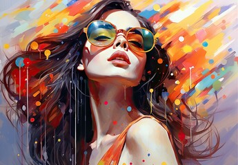 Beautiful young woman in sunglasses. Fashionable image of the model. The female image is drawn. Illustration for poster, cover, brochure, card, postcard, interior design or print. - 743066863