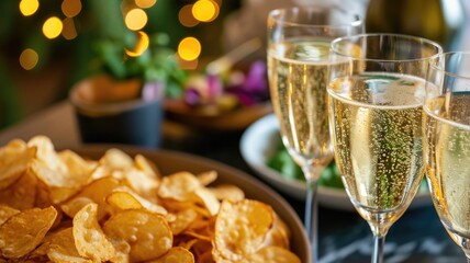 Champagne Testing with Crispy Chips,Elegant Champagne Toast with Potato Chips on a Celebratory Table