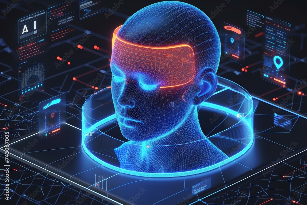 Poster holographic projection of a person from the database. backdrop with selective focus and copy space
