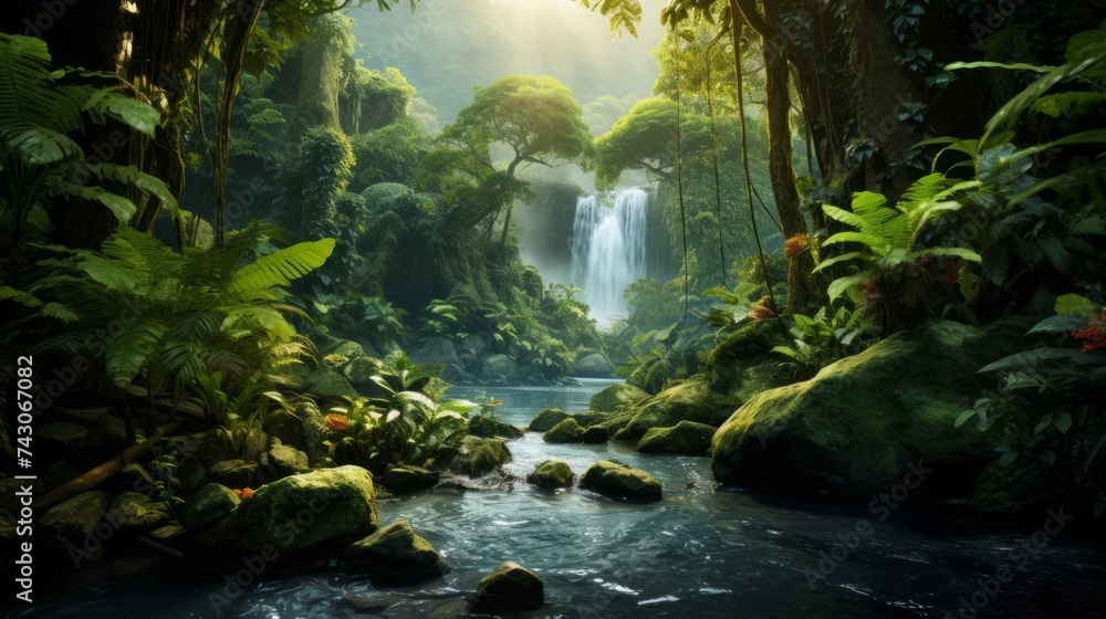 Poster Generative AI Lush rainforest with diverse flora and fauna, emphasizing biodiversity and ecosystem preservation.