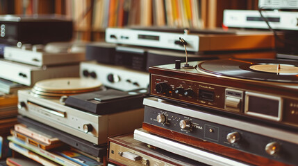 Vintage audio equipment with vinyl records and wooden aesthetics for music enthusiasts and retro style advertising - obrazy, fototapety, plakaty