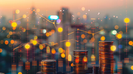 a blurred cityscape that appears to be a visual metaphor for the economy, with the bokeh lights creating an impression of golden skyscrapers against the evening sky.