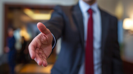 A close-up of a businessman's outstretched hand in a greeting or offer gesture, with blurred figures in business attire in the background, symbolizing a professional meeting or agreement.