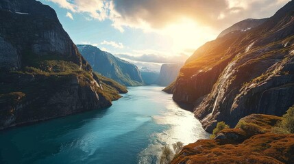 Generative AI Majestic Norwegian fjords, warm sunset hues, aerial drone view, tranquil waters, detailed sunset scene