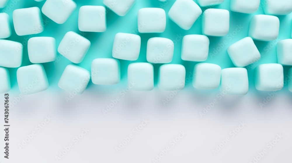 Aufkleber marshmallows in bright turquoise, cube-shaped, aligned neatly on a white background, vibrant lightin