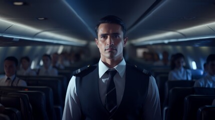 Generative AI Male flight attendant assisting passengers in the cabin, demonstrating safety...
