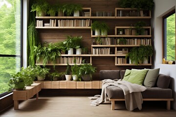 Nordic Style Vertical Garden Living Room Walls with Wooden Shelving Plant Walls
