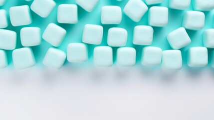 Marshmallows in bright turquoise, cube-shaped, aligned neatly on a white background, vibrant lighting, modern and playful setup Generative AI