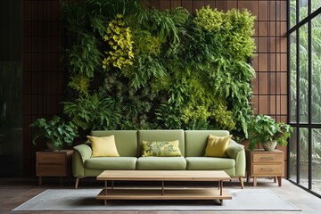 Fototapeta na wymiar Green Vertical Backdrop - Pastel Couch in Vertical Garden Living Room Walls