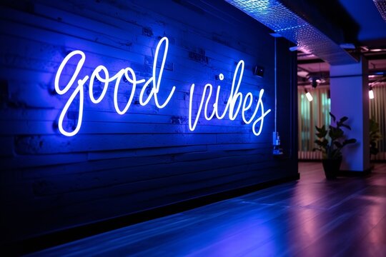 blue neon words on the black wall. Good vibes neon sign at the studio, cafe or at home apartment.
