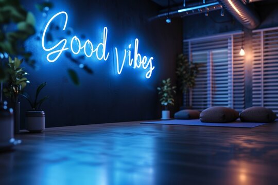 blue neon words on the black wall. Good vibes neon sign at the studio, cafe or at home apartment.