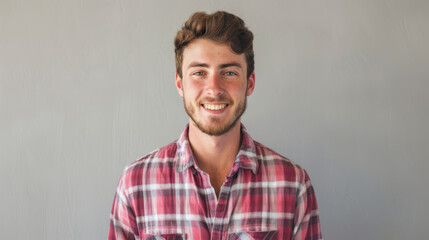 A cheerful young man with a beard and a checkered shirt smiles brightly against a plain grey background.