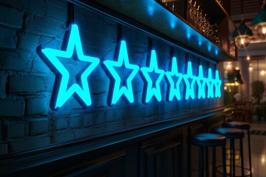 blue neon star symbols on the brick black wall. Glowing sign at the hotel, music studio, hostel, cafe or at home apartment. Trendy decoration.