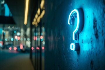 blue neon question mark in office space interior design or coworking