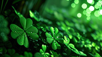 lucky shamrock four petal green symbol of St Patrick's day. Clover leaves background.  - obrazy, fototapety, plakaty